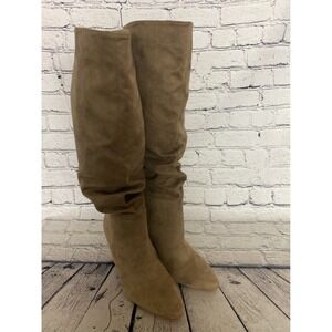 Women's Slouch Boots Brown Suede 9.5 Pull On Block Heel  Knee High Almond Toe